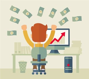 Successful young businessman happy falling the money while sitting infront of his computer with the graph showing the arrow going up increasing in sales. Business growth concept. A contemporary style